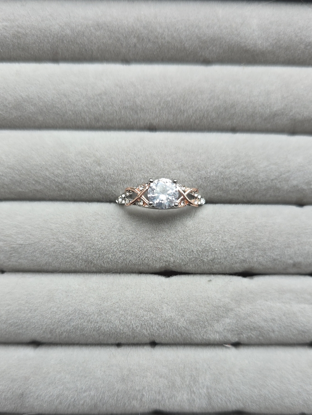Rose Gold Crystal Solitaire Ring with Side Accents - Women's Jewelry